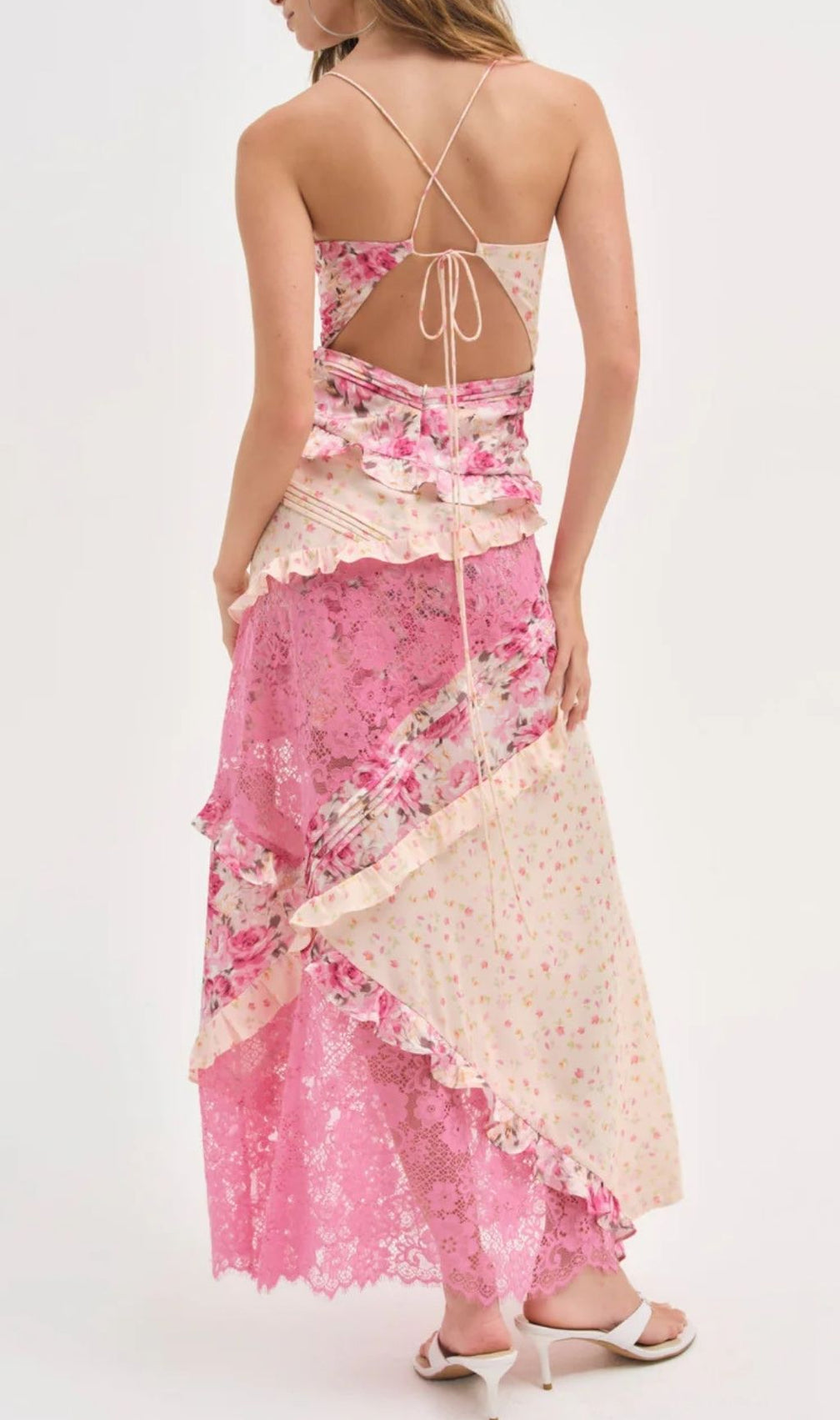Georgia Ethereal Pink Floral & Lace V-Neck Maxi Dress - Romantic Tiered Gown