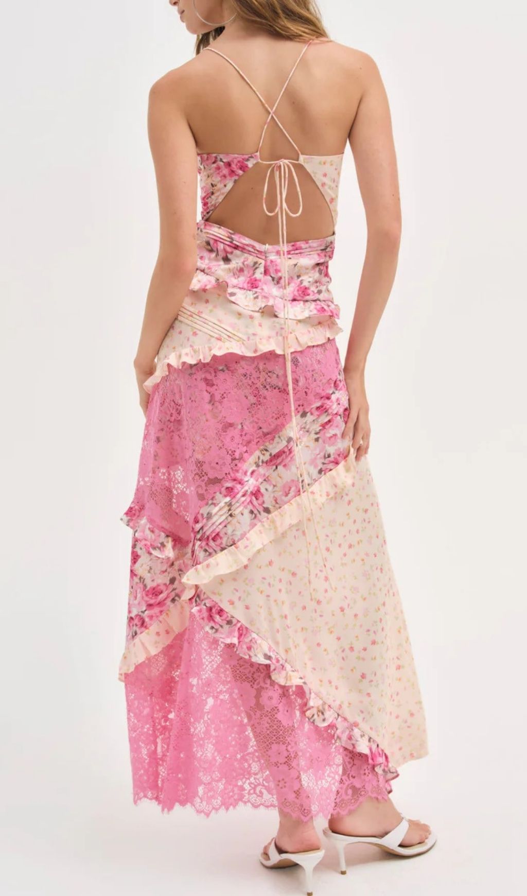 Georgia Ethereal Pink Floral & Lace V-Neck Maxi Dress - Romantic Tiered Gown
