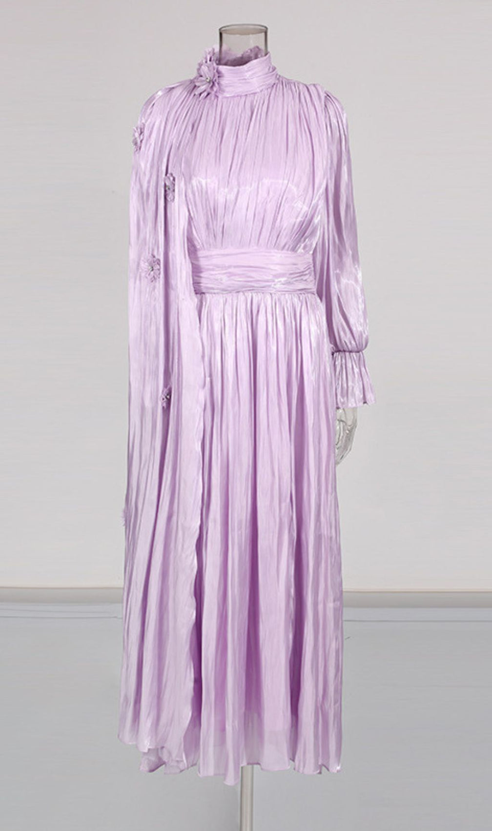 Irfan Opulent Bloom Pleated Satin Midi Dress with 3D Floral Cape