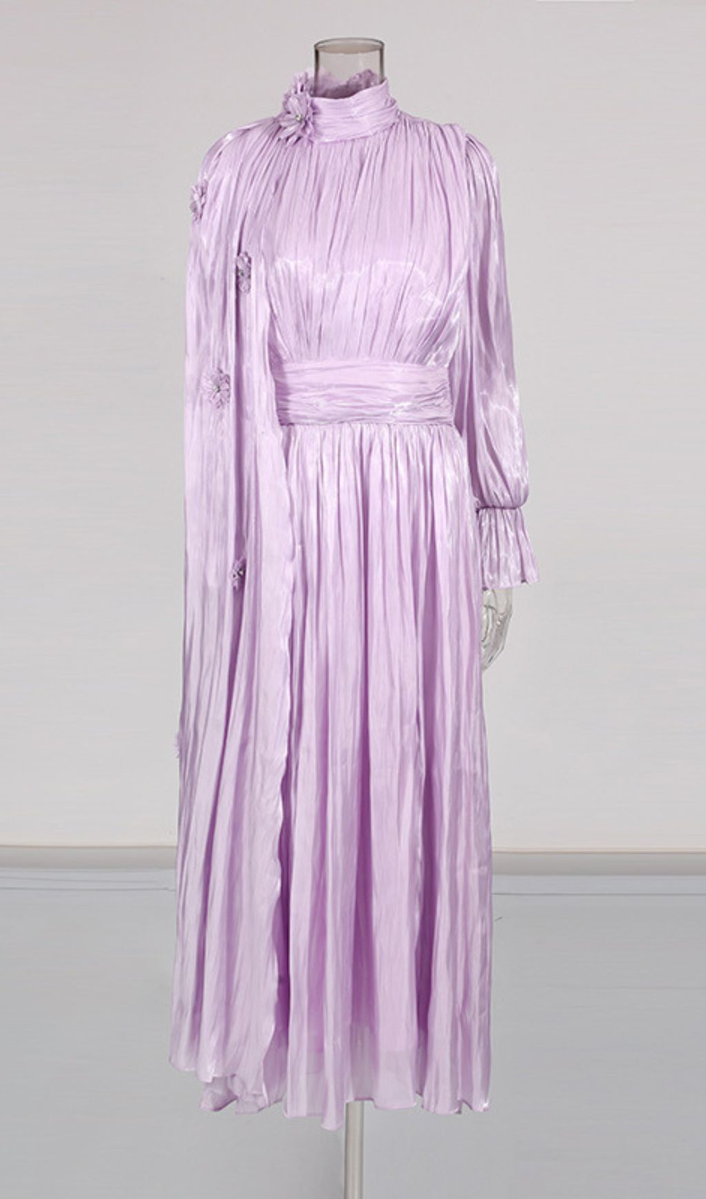 Irfan Opulent Bloom Pleated Satin Midi Dress with 3D Floral Cape