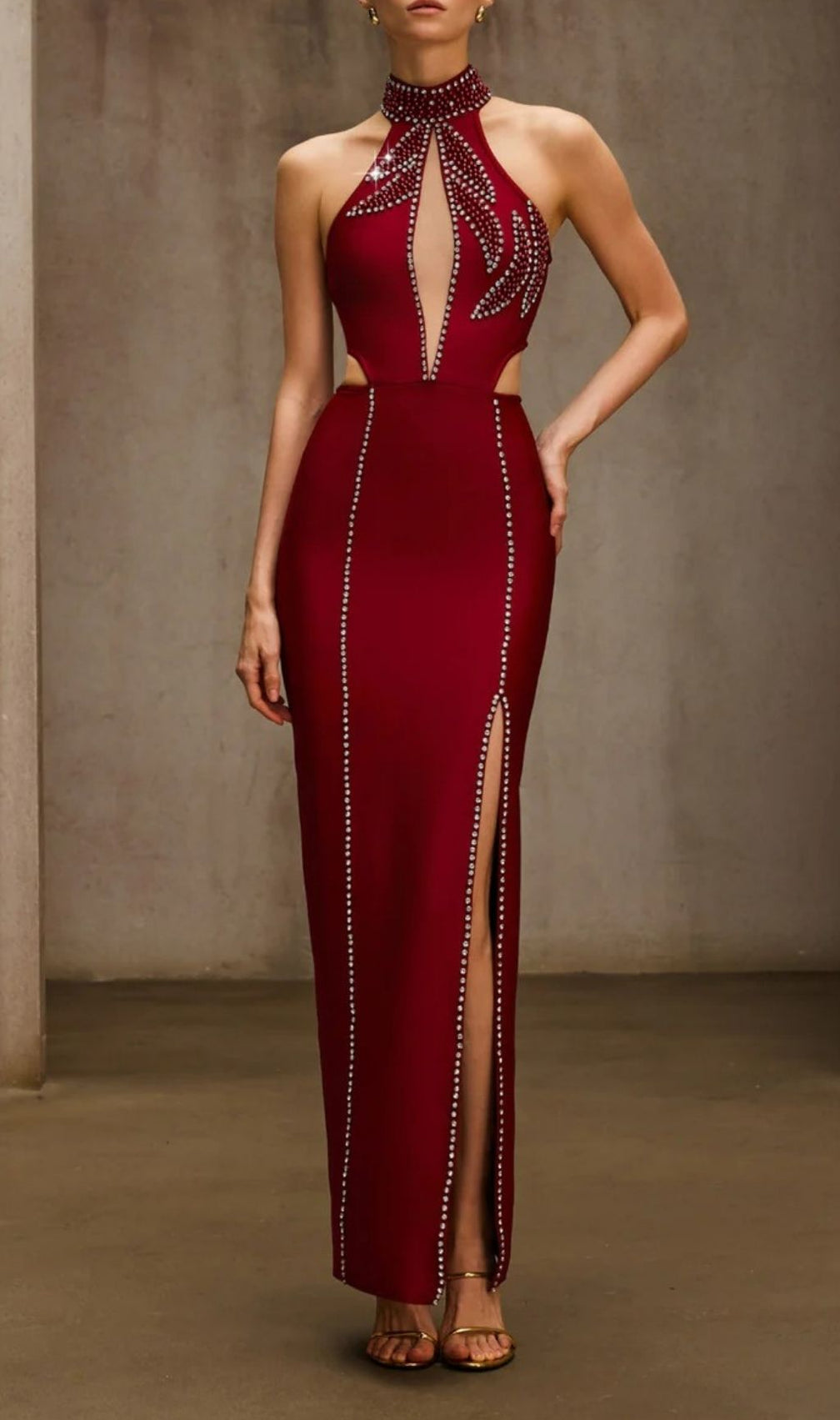 Dympna Crystal Cutout Halterneck Maxi Dress - Showstopping Red Carpet Gown