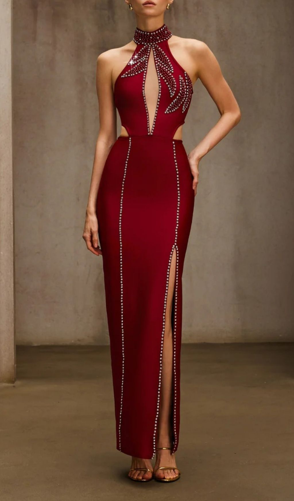 Dympna Crystal Cutout Halterneck Maxi Dress - Showstopping Red Carpet Gown