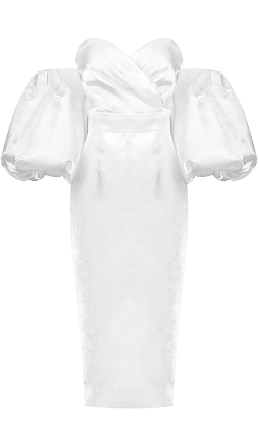 Chic Off-Shoulder Puff Sleeve Midi Dress - Elegant Blush Bodycon for Events