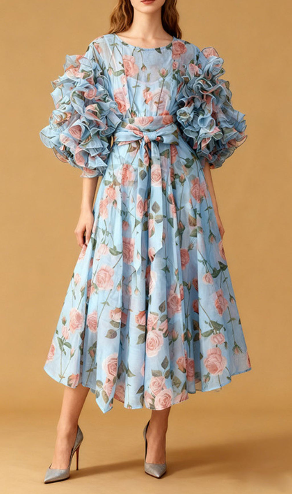 Jordin Romantic Ruffle Sleeve Floral Midi Dress | Women's Blue & Pink
