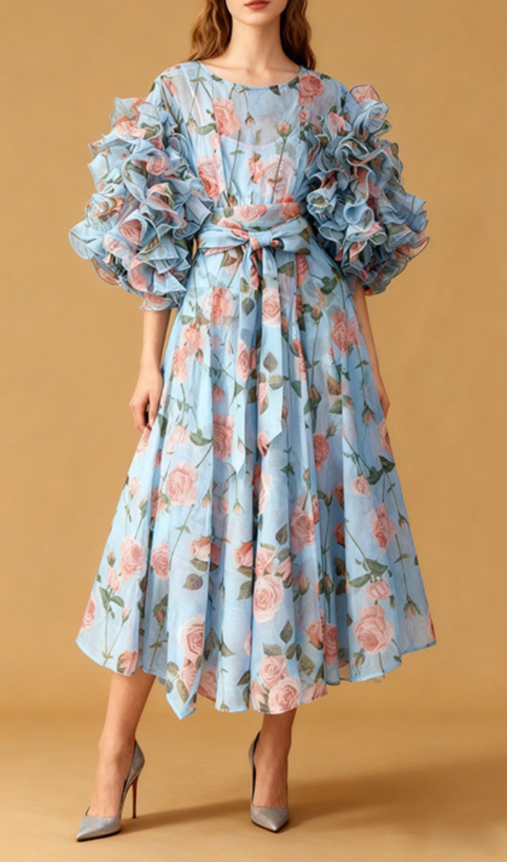 Jordin Romantic Ruffle Sleeve Floral Midi Dress | Women's Blue & Pink