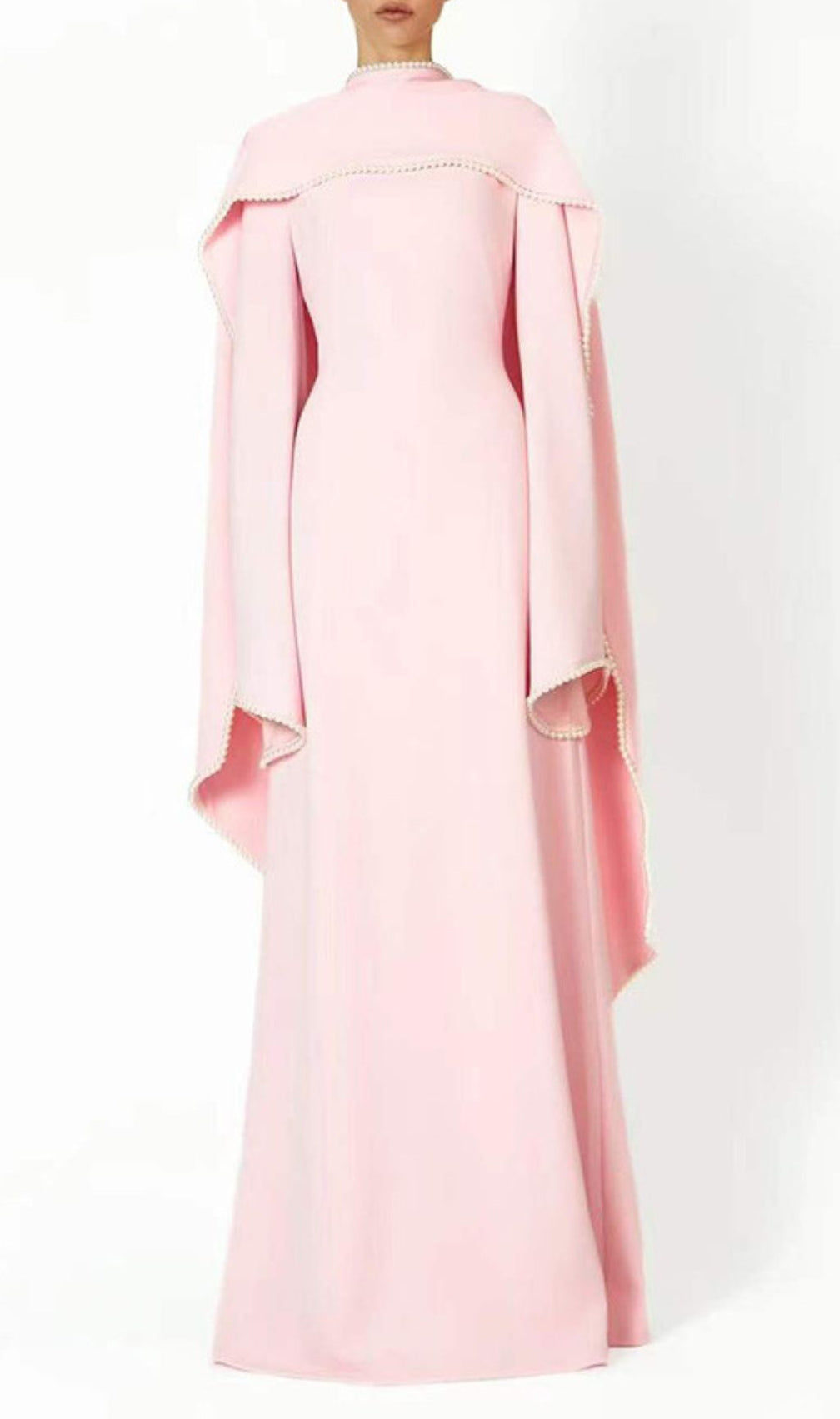 Hidi Pink Pearl Trim Shawl Maxi Dress | Elegant Long Sleeve Formal Gown