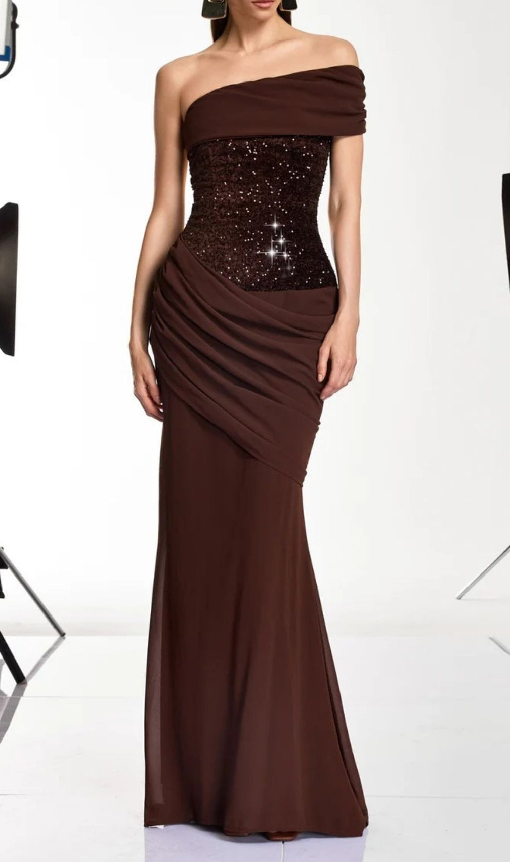 Neravo One Shoulder Sequin Ruched Maxi Dress