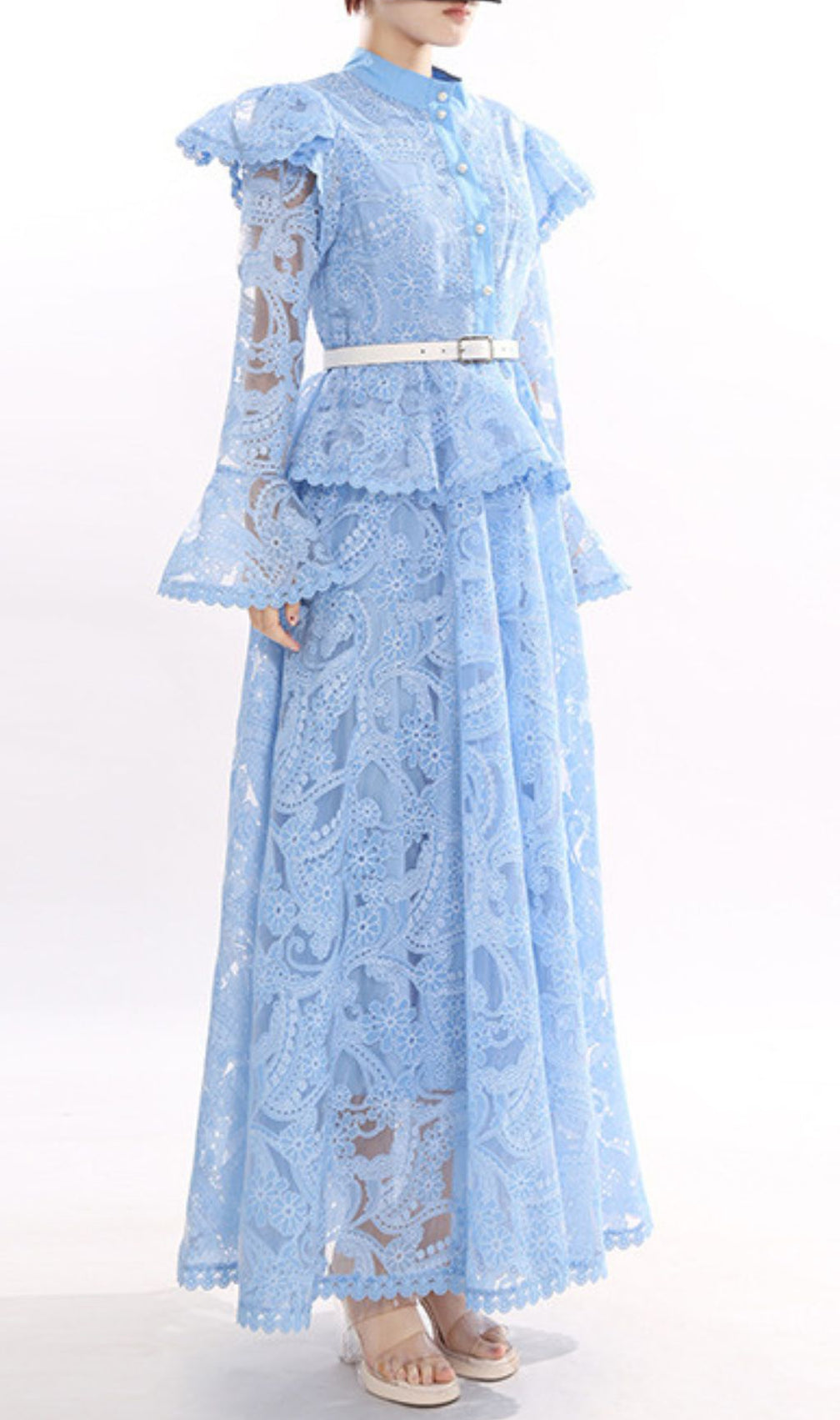 Jereni Blue Lace Maxi Dress for Women - Elegant Embroidered Boho Gown