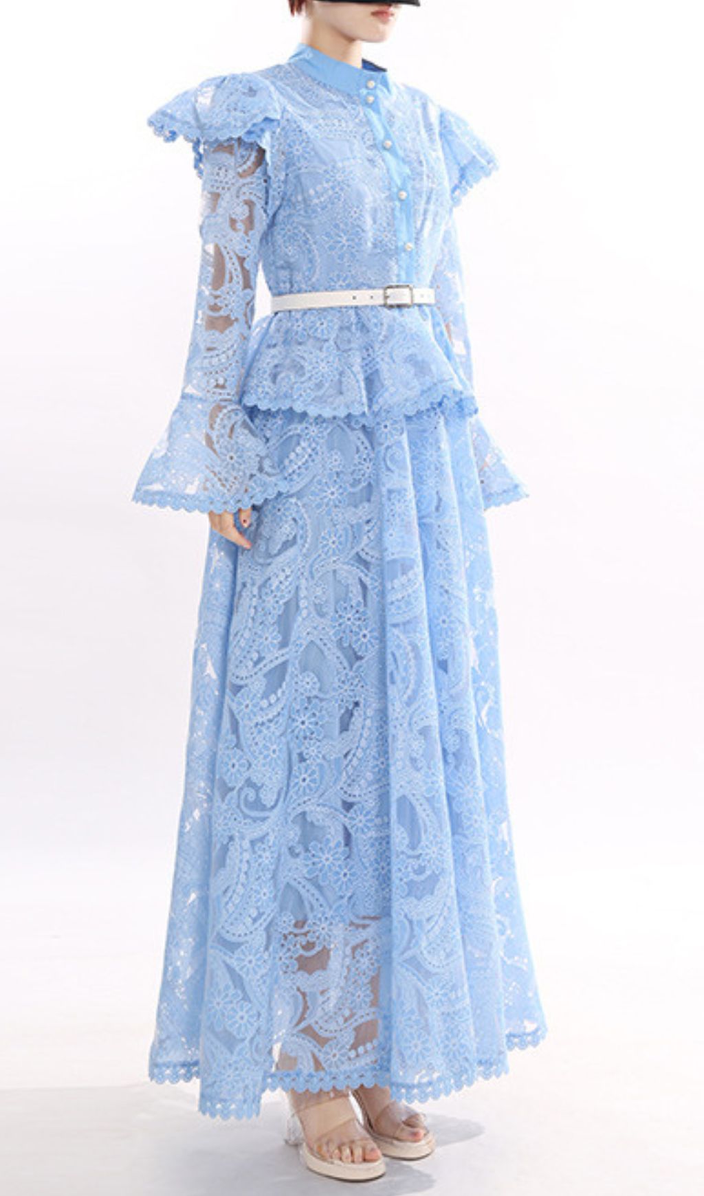 Jereni Blue Lace Maxi Dress for Women - Elegant Embroidered Boho Gown