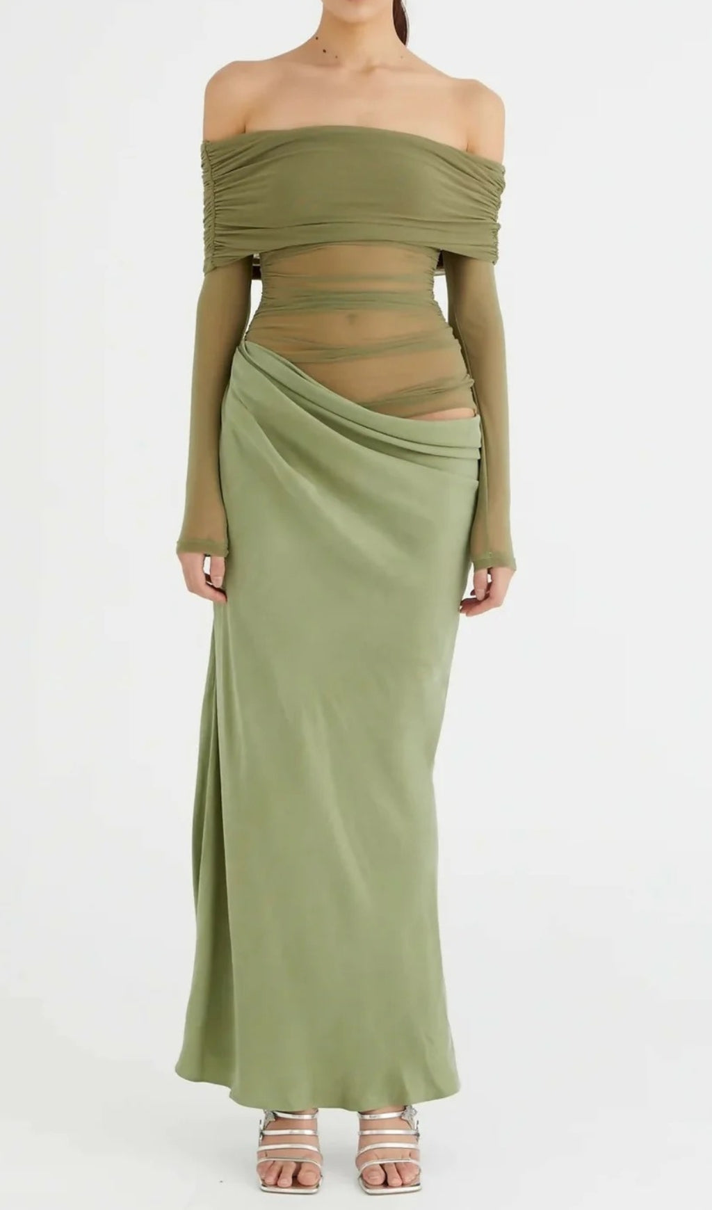 Dawood Green Off-Shoulder Long Sleeve Mesh Maxi Dress