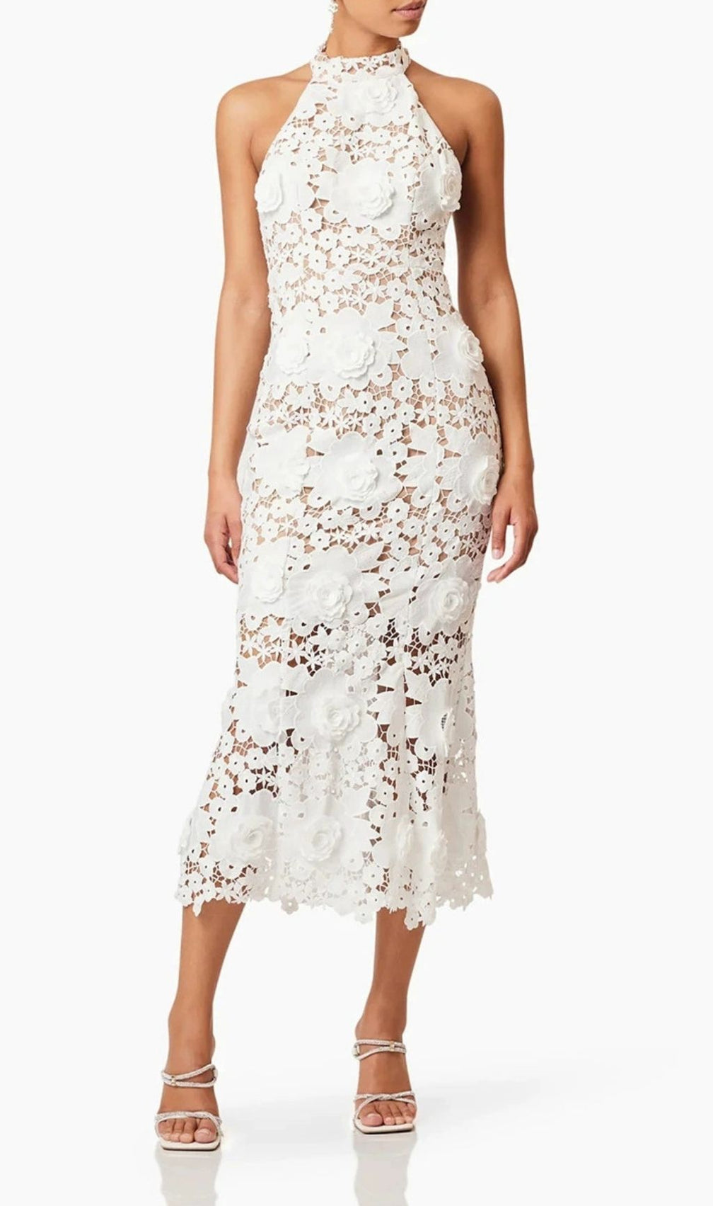 Etsu White Halter Flower Embroidery Midi Dress