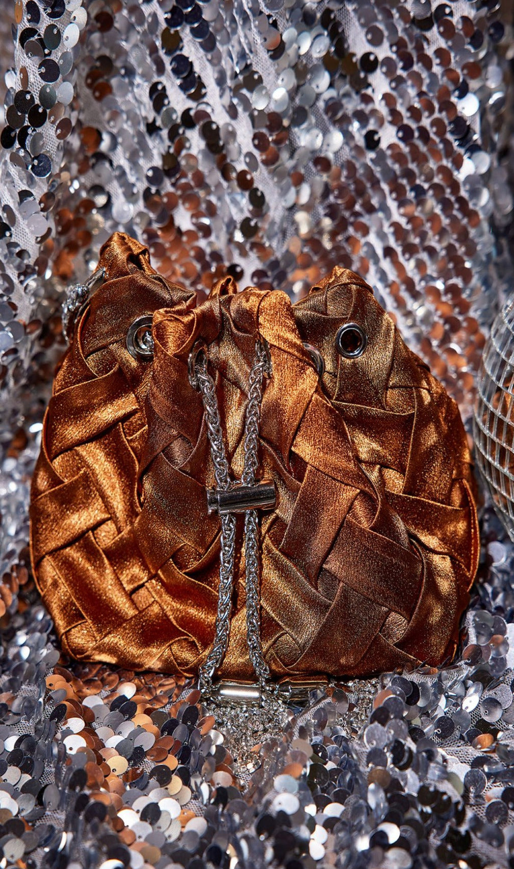 Velvet Weave Crystal Embellished Bucket Bag In Brown