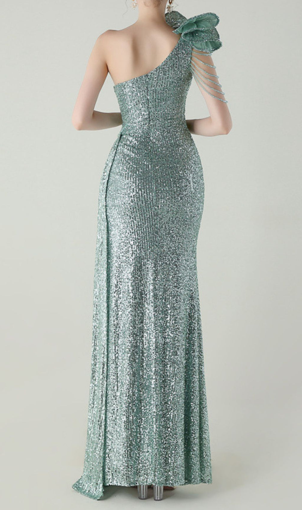 Ikia Emerald Sparkle One-Shoulder Sequin Maxi Dress with High Slit
