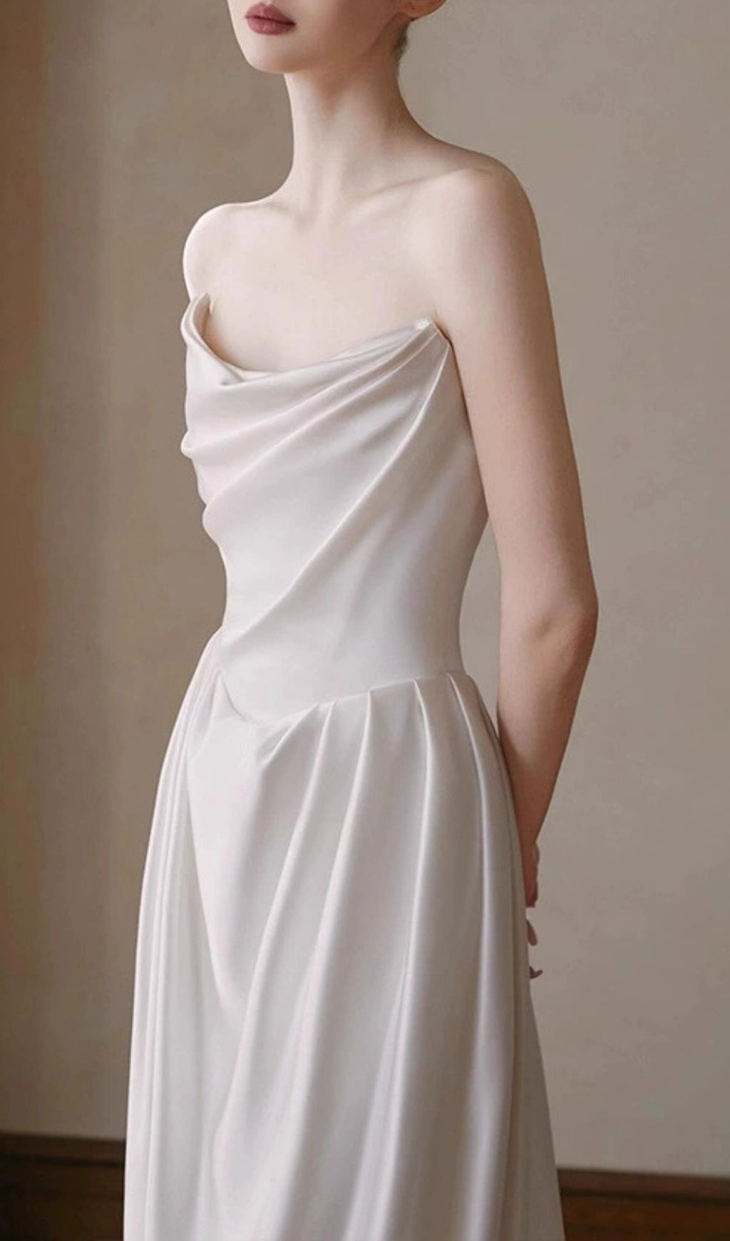 Karin White Strapless Wedding Dress - Elegant Draped Satin Bridal Gown