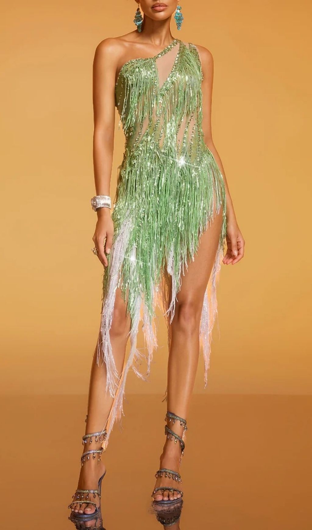 Glamorous Divya One Shoulder Crystal Fringe Split Dress