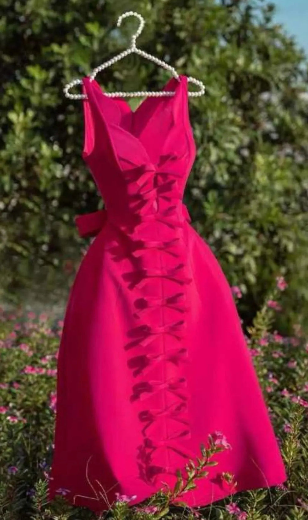 Pink Bowknot Strappy Midi Dress