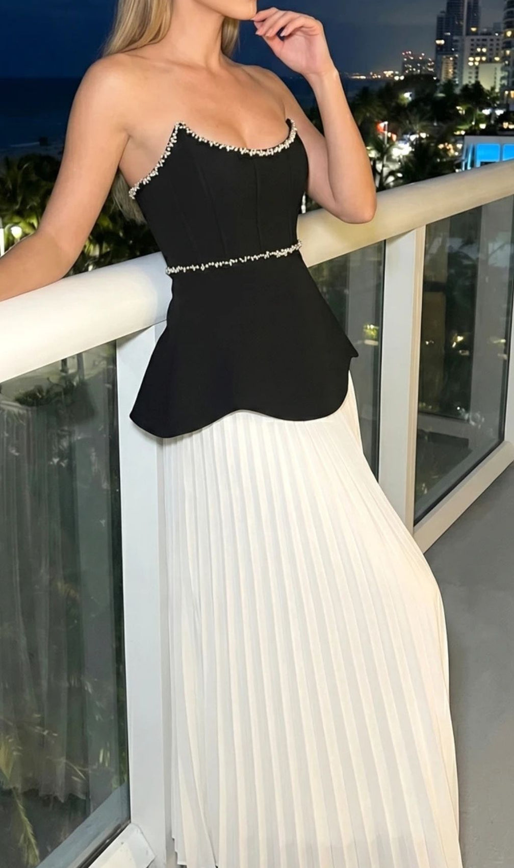 Khaleesi Elegance: Strapless Peplum Diamante Pleated Maxi Dress - Black & White Gown