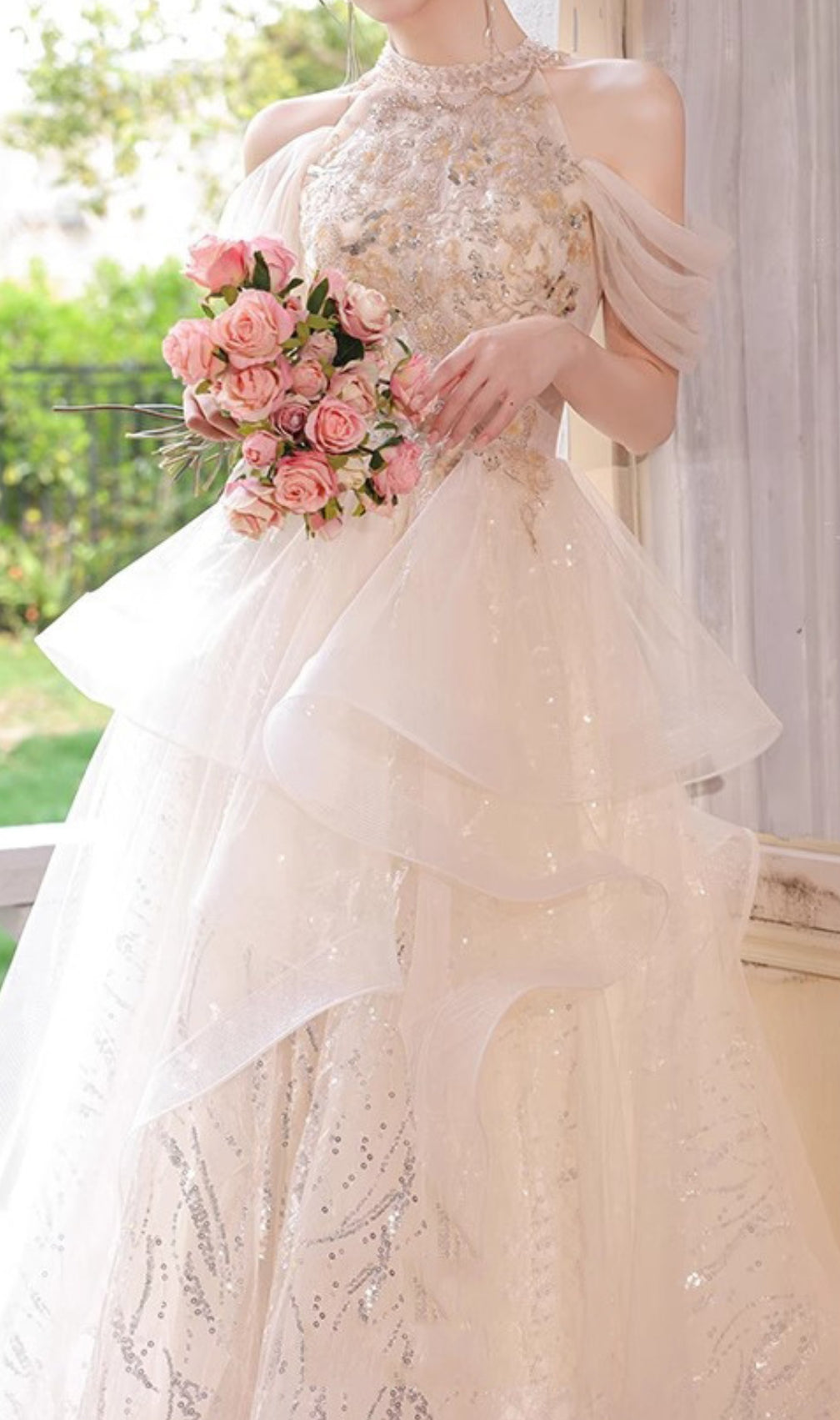 Chione Champagne Halter Sequin Mesh Maxi Dress