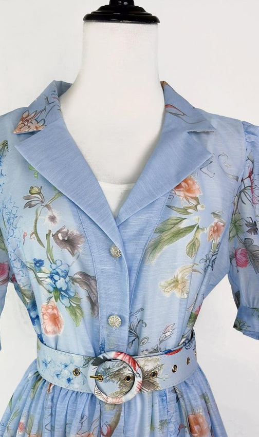 Kary Blue Floral Button-Down Maxi Dress - Elegant Belted Summer Style