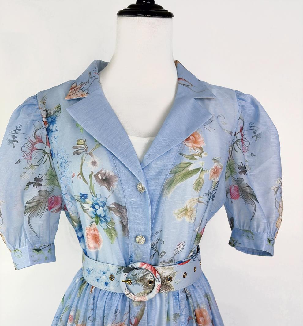 Kary Blue Floral Button-Down Maxi Dress - Elegant Belted Summer Style