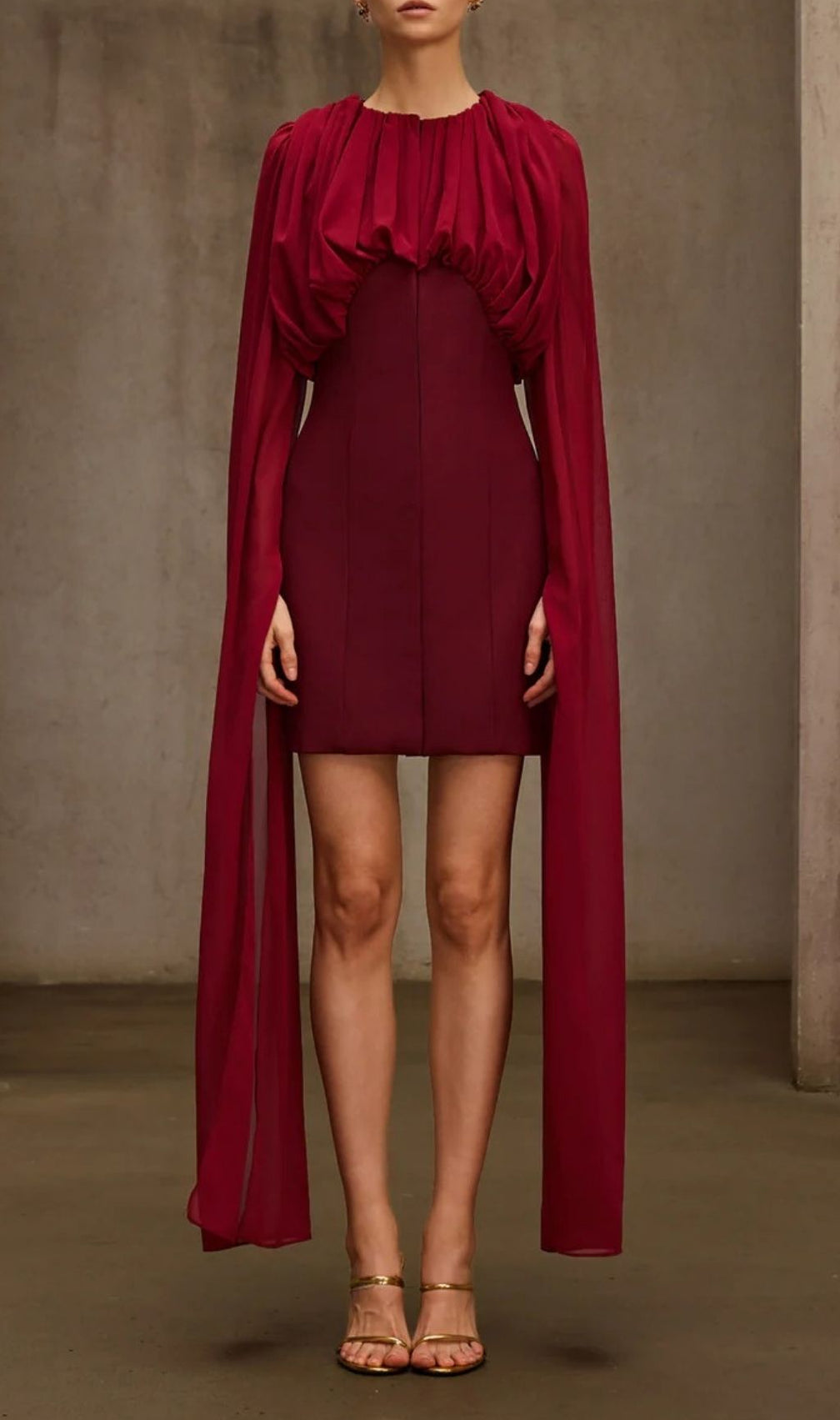 Qythera Cape Sleeve Ruched Mini Dress