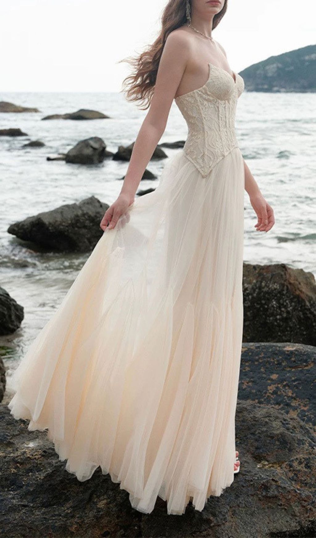 Finja Ethereal Apricot Strapless Corset Mesh Maxi Dress | Romantic Goddess Gown