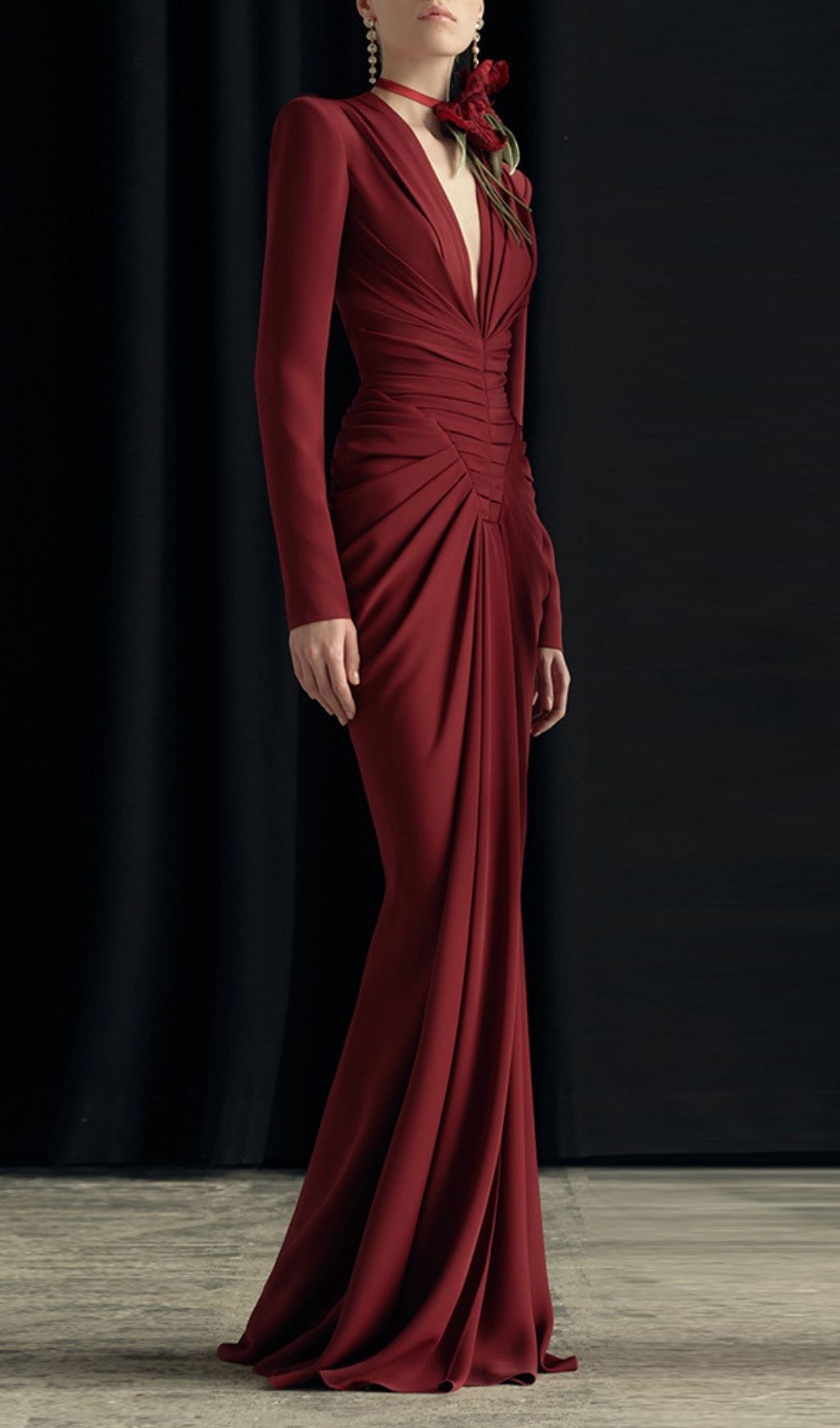 Kyli Red Ruched Long Sleeve Maxi Dress