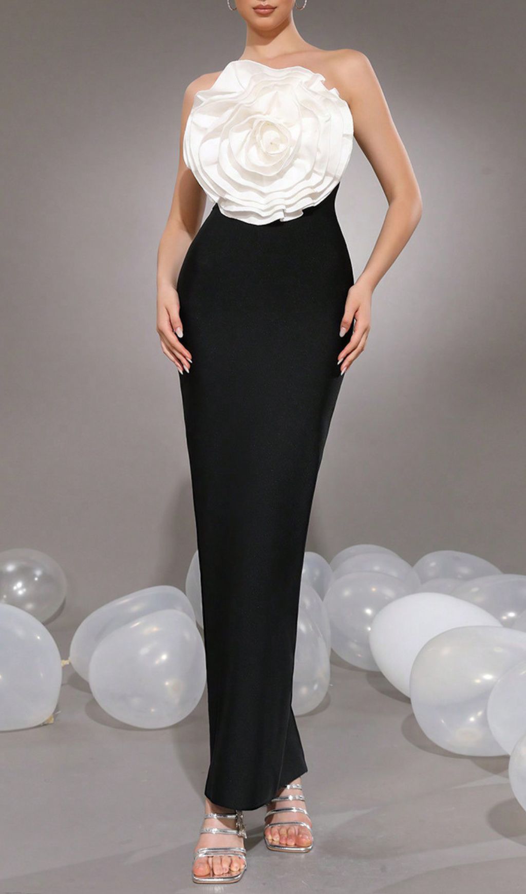 Hamo Strapless White Floral Bandage Maxi Gown - Elegant Black & White Evening Dress