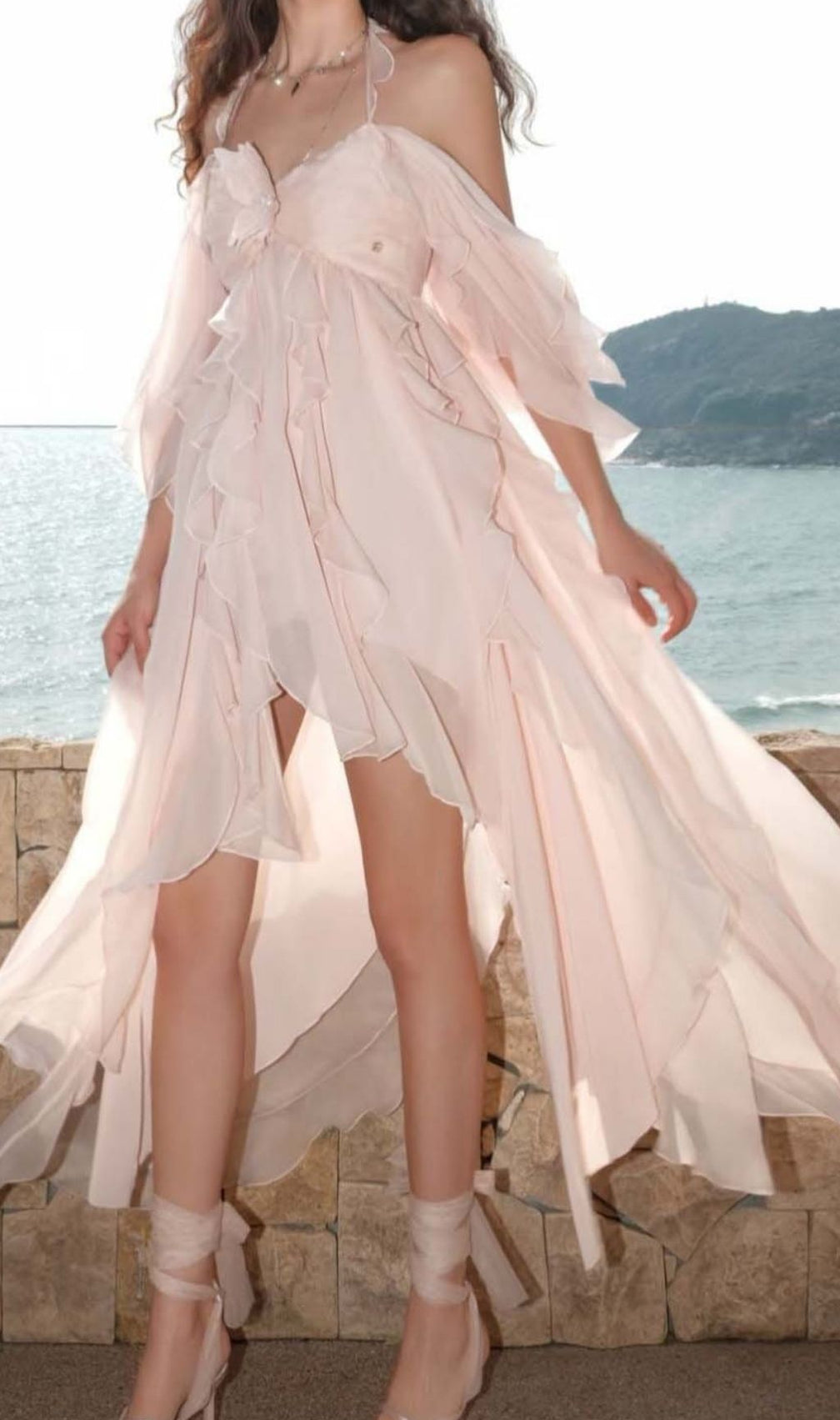 Komali Pink Halter Butterfly Ruffle Maxi Dress