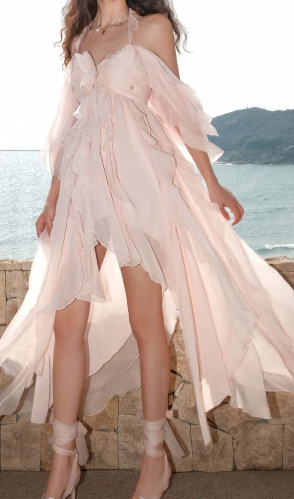 Komali Pink Halter Butterfly Ruffle Maxi Dress