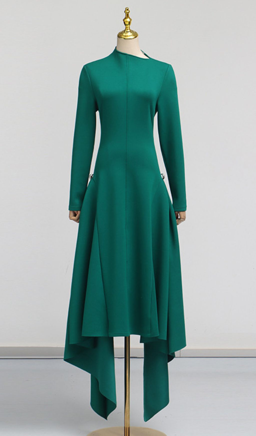 Johnna Emerald Green Asymmetrical Midi Dress - Long Sleeve Sophistication