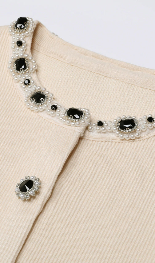 Jie Luxe Knit Embellished Cardigan & Flared Skirt Set - Effortless Apricot Chic