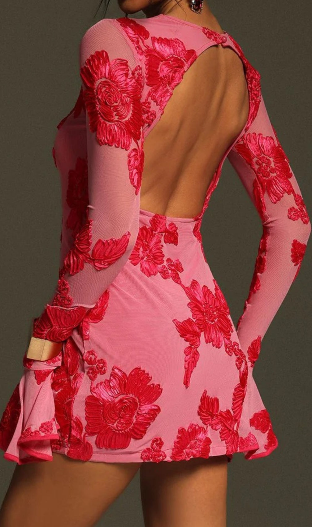 Carita Rose Red Flower Long Sleeve Mini Dress