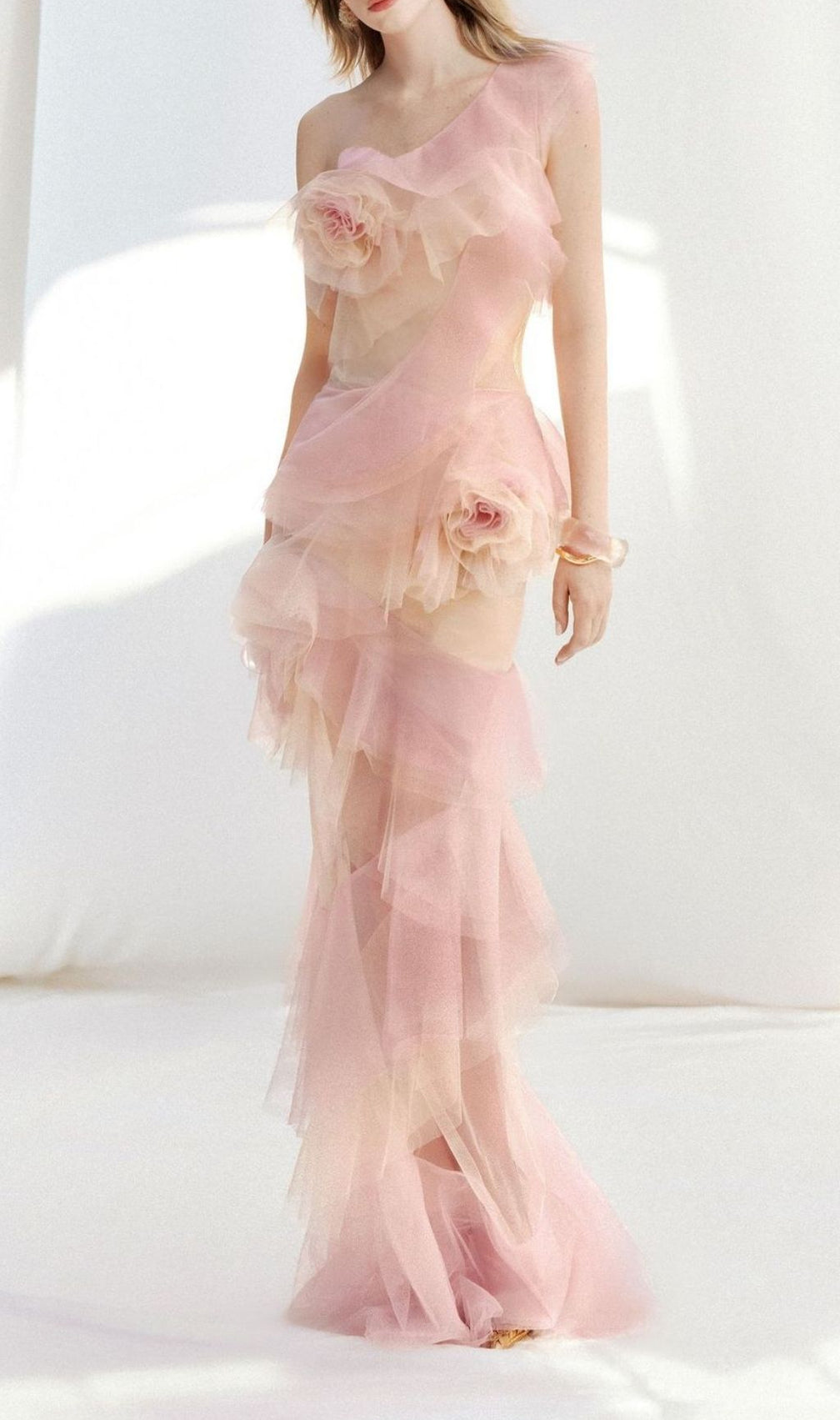 Kline Gradient Pink Ruffle Mesh Flower Maxi Dress