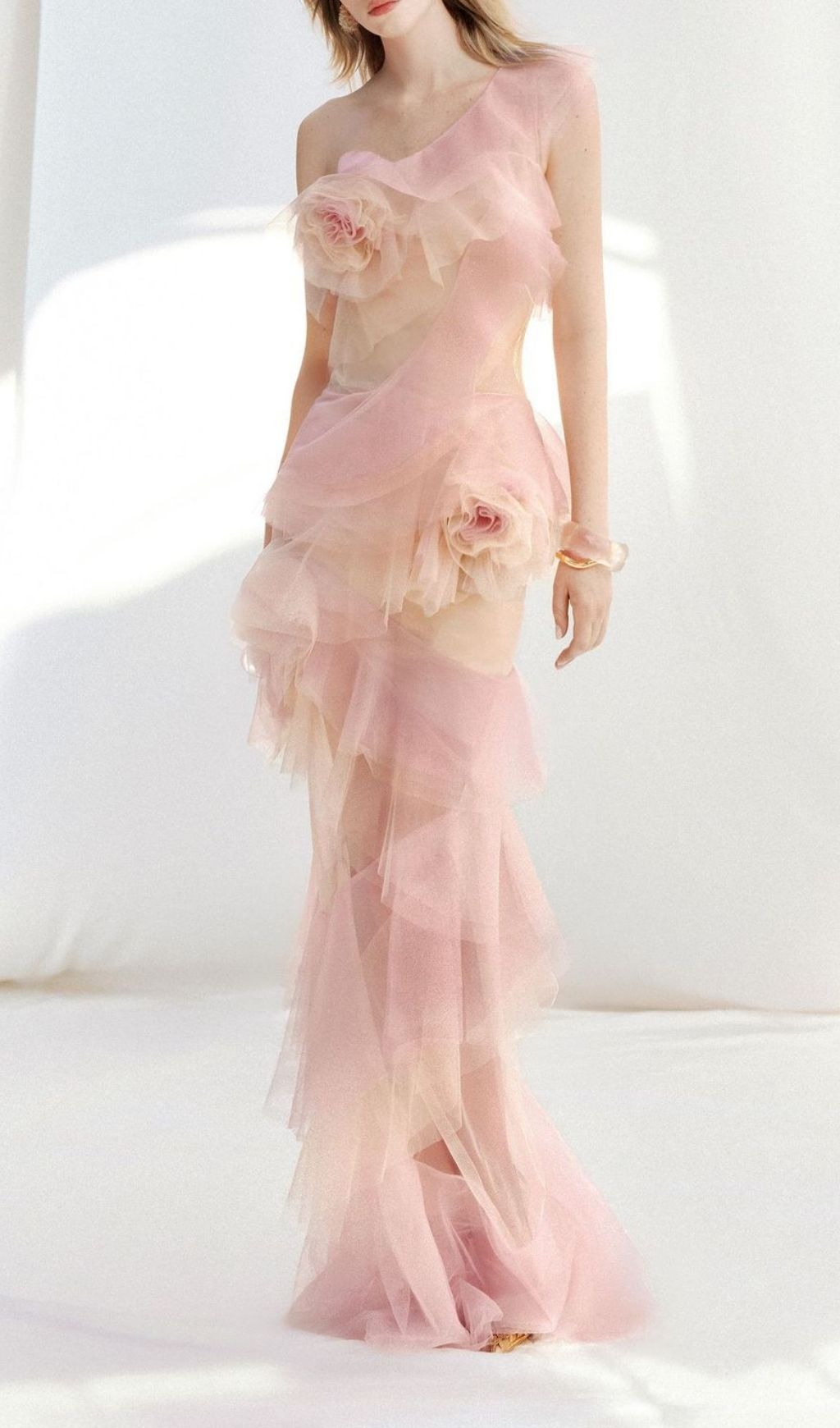 Kline Gradient Pink Ruffle Mesh Flower Maxi Dress
