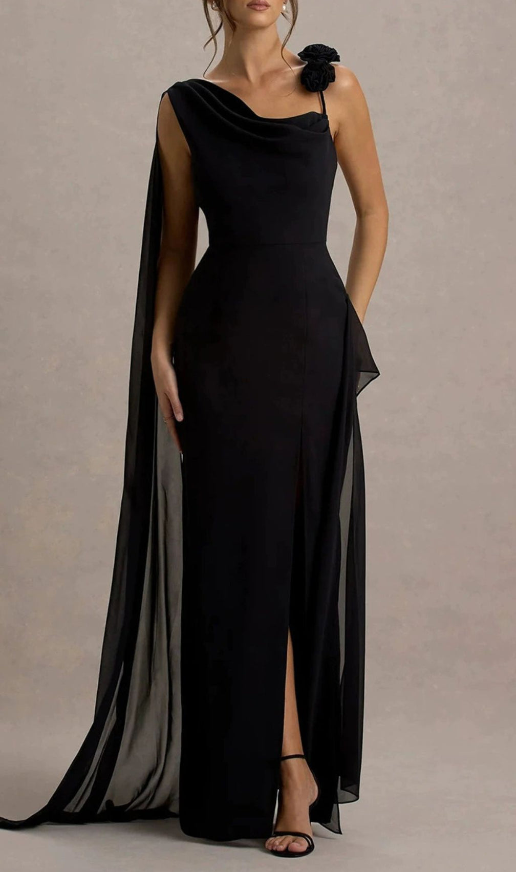 Ivette Black One-Shoulder Draped Maxi Gown with Floral Embellishment