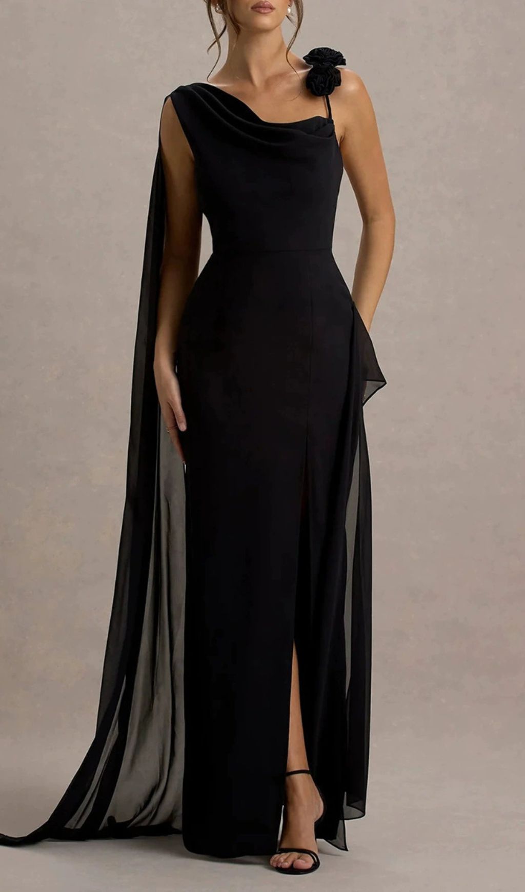 Ivette Black One-Shoulder Draped Maxi Gown with Floral Embellishment