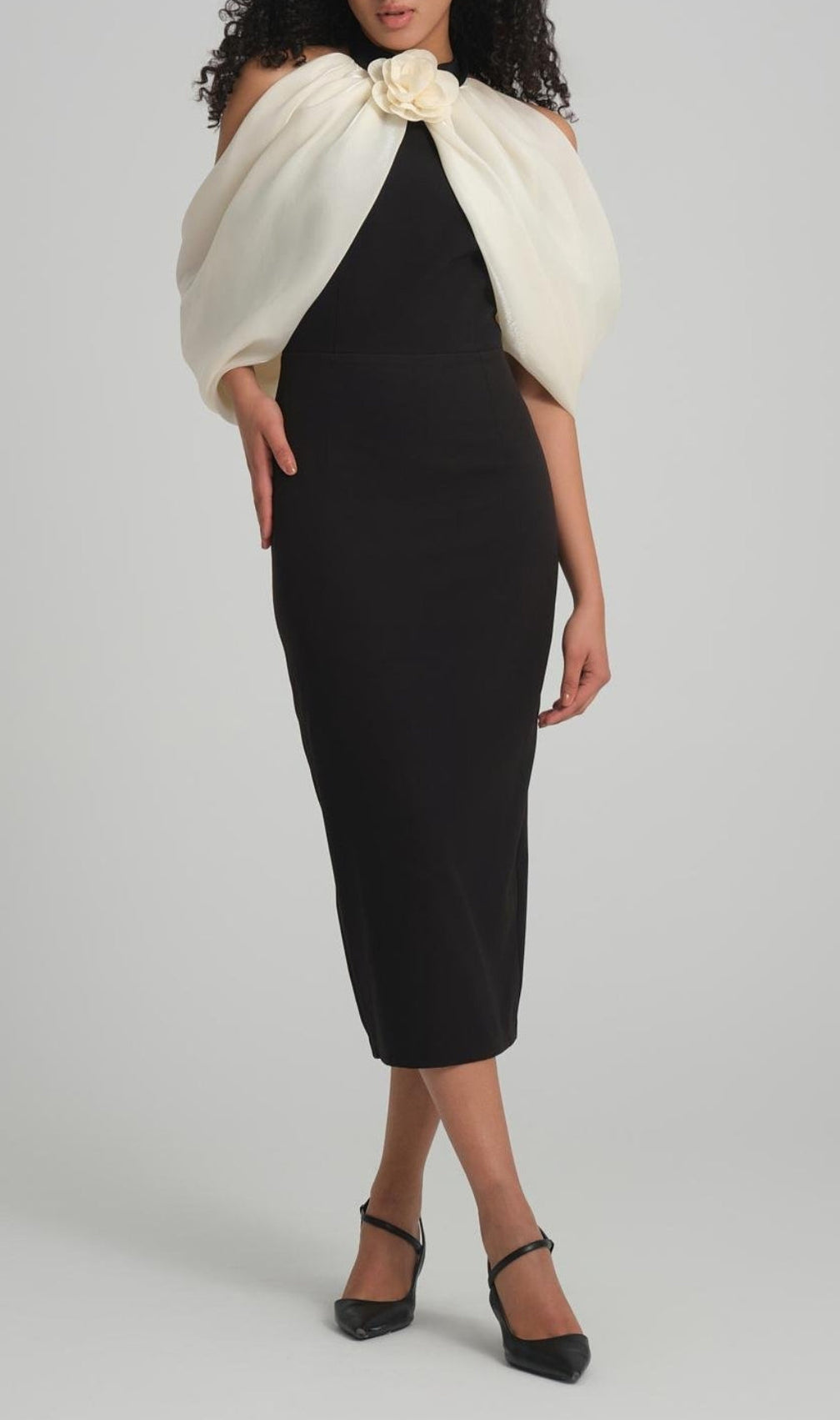 Bess Black Off-Shoulder Flower Midi Dress
