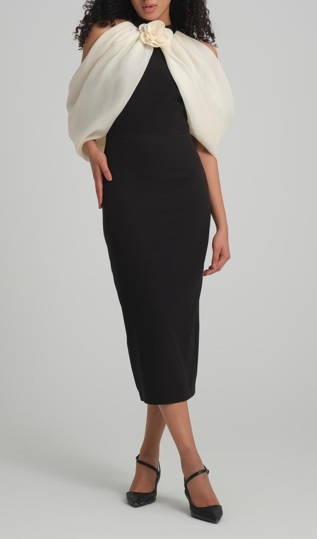 Bess Black Off-Shoulder Flower Midi Dress
