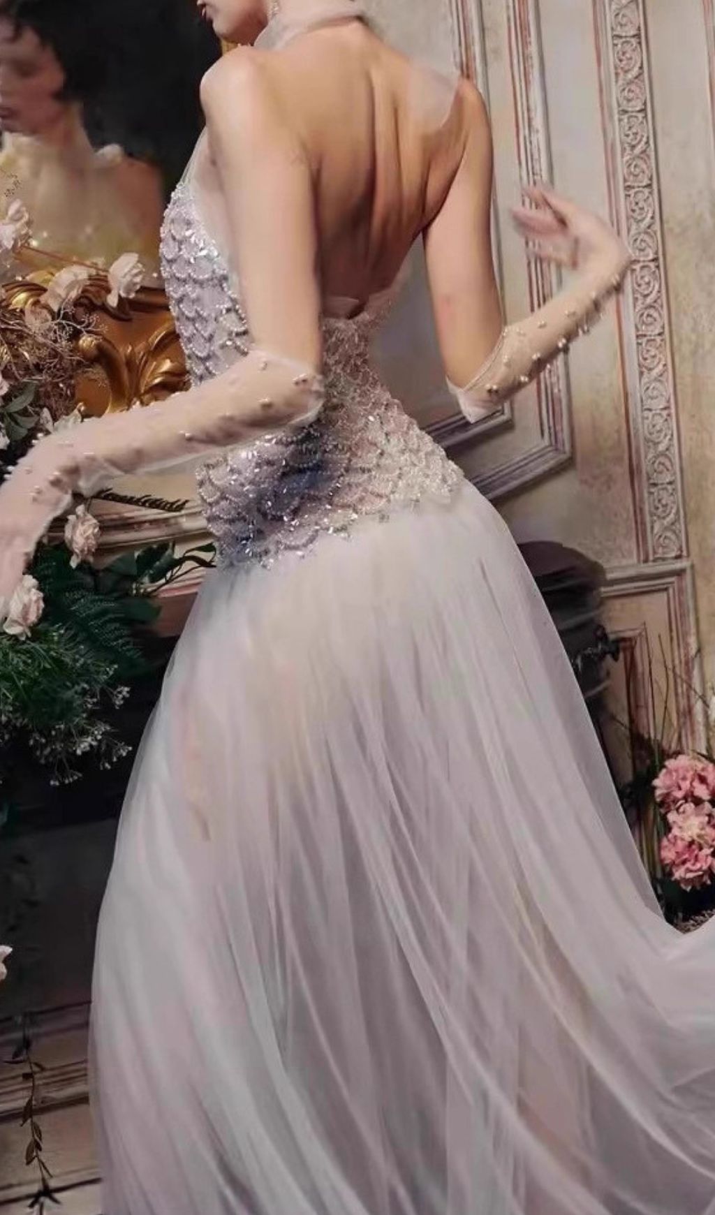 Jillian Glamorous Strapless Beaded Mesh Maxi Gown with High Slit