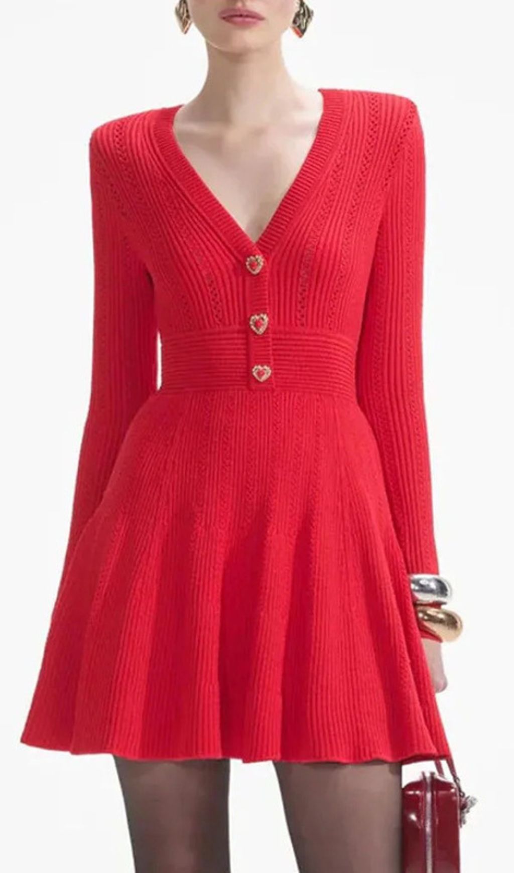 Hewitt Sweetheart Knit Mini Dress - Romantic Red Long Sleeve with Heart Buttons