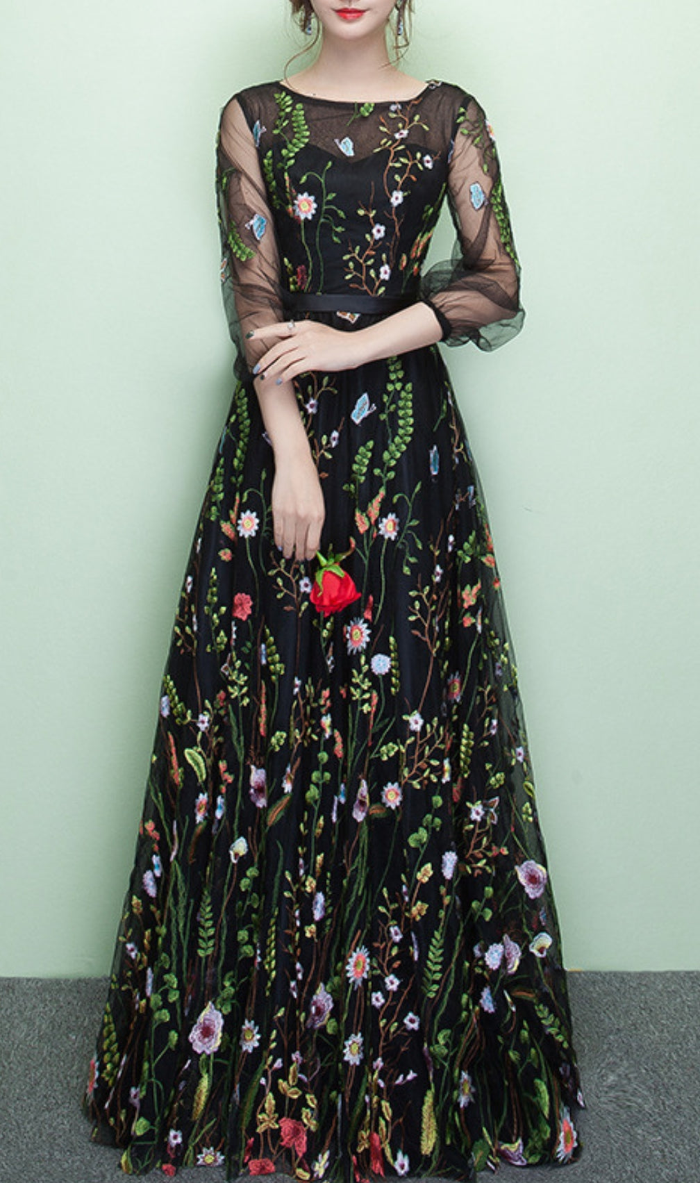 Dannell Black Flower Mesh Sleeve Maxi Dress