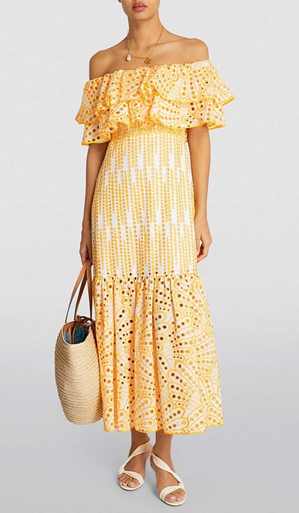 Ruffle Cold Shoulder Midi Dress In Yellow