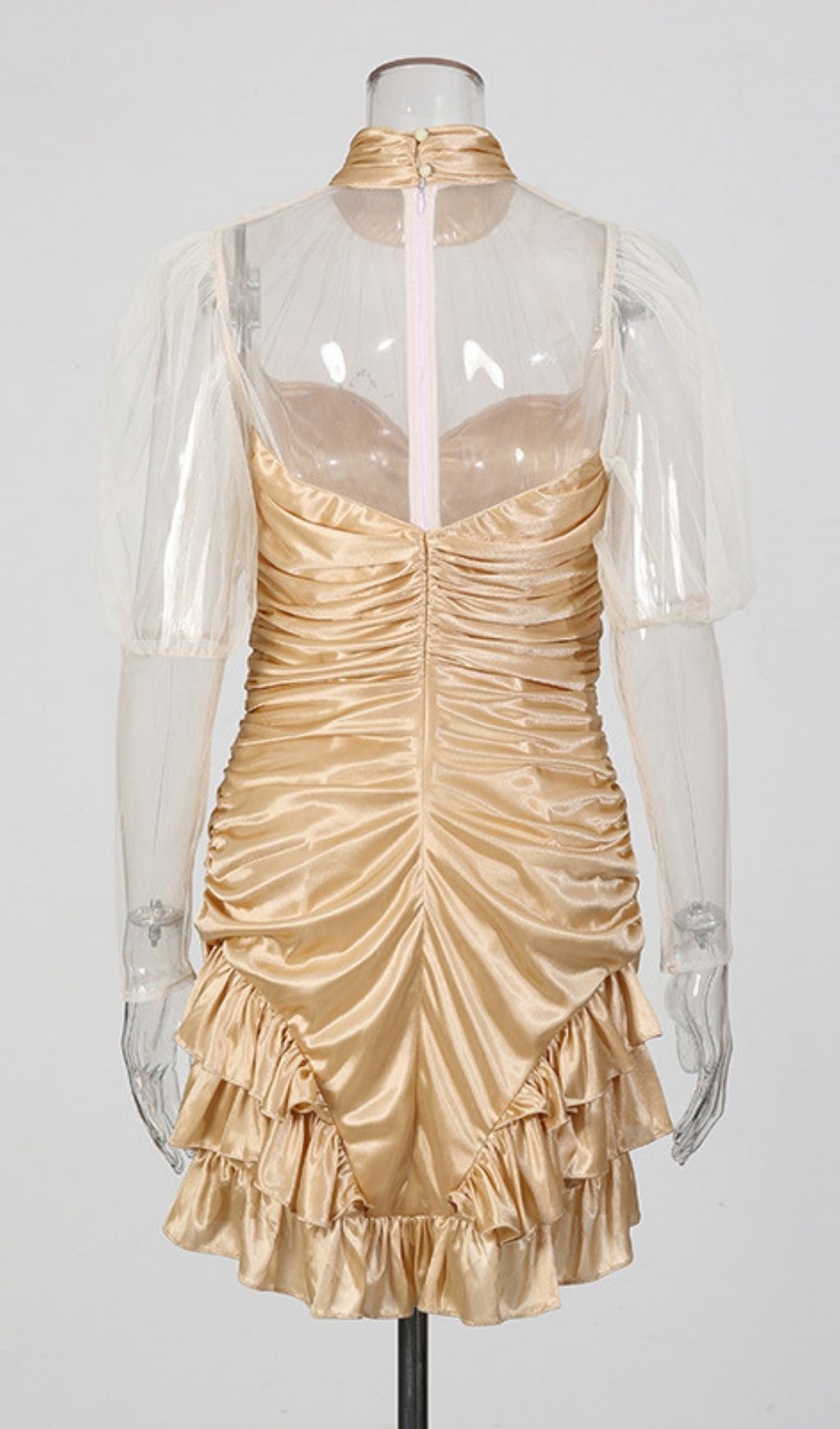 Kerith Glamorous Gold Ruched Mini Dress with Sheer Puff Sleeves
