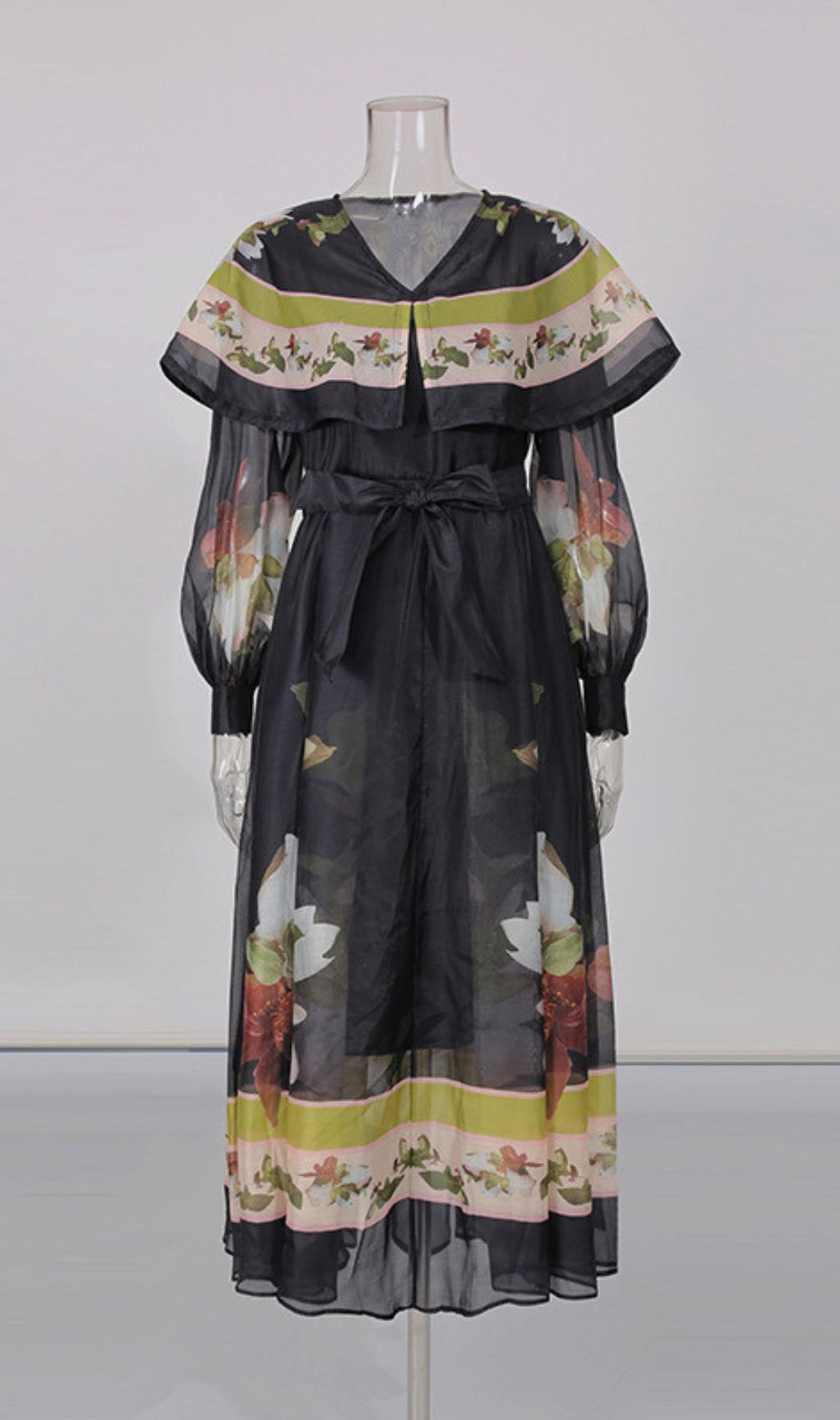 Ivi Black Printed Long Sleeve Midi Dress