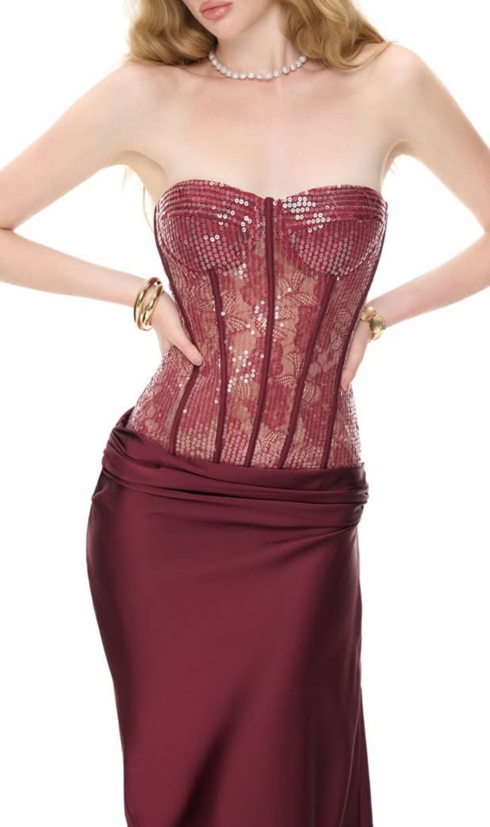 Kawthar Dazzling Red Sequin Corset Maxi Dress - Strapless Evening Gown