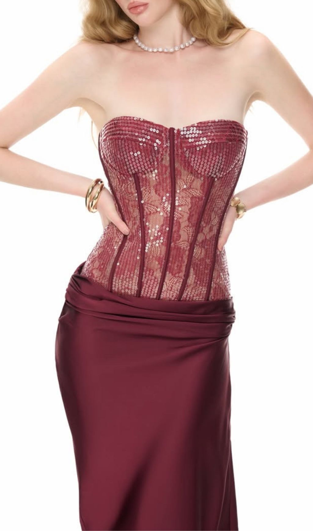 Kawthar Dazzling Red Sequin Corset Maxi Dress - Strapless Evening Gown