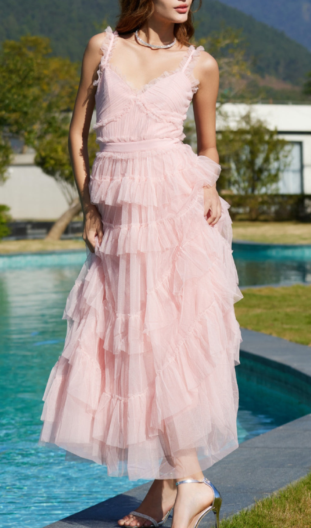 Pink Ruffle V Neck Sleeveless Tiered Tulle Maxi Dress