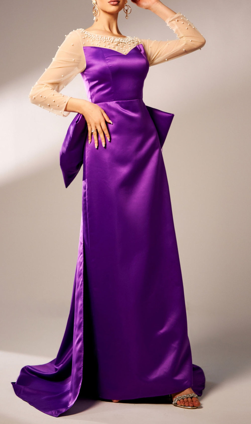 Cawny Purple Bow Long Sleeve Maxi Dress