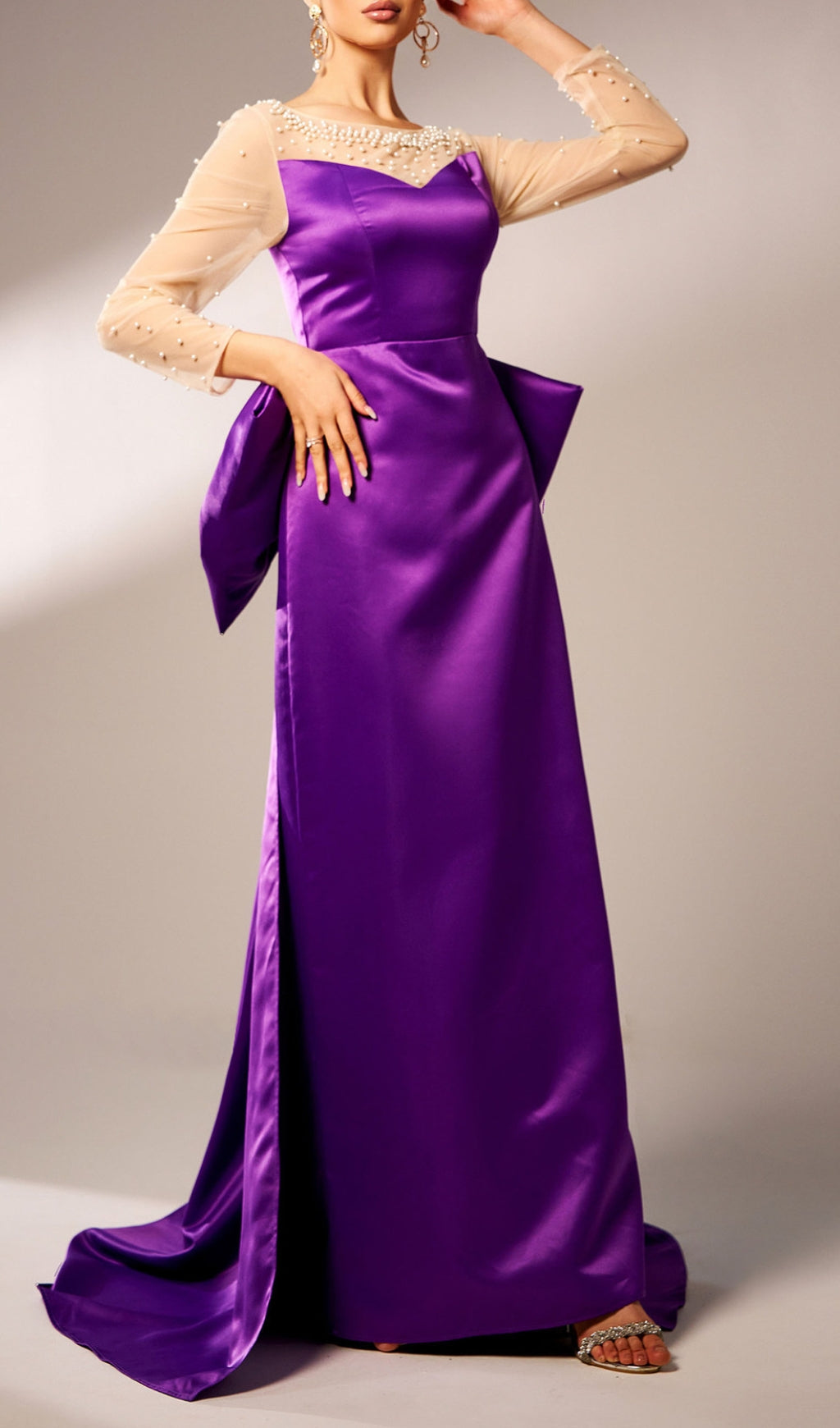 Cawny Purple Bow Long Sleeve Maxi Dress